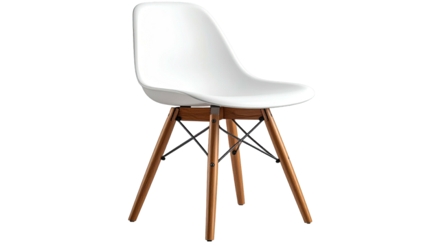 White plastic chair with wooden and metal legs, side view - Powered by Adobe