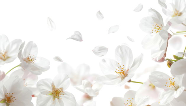 White blossoms, petals adrift, on stark black background