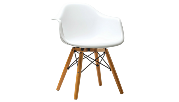 White molded chair, light wooden legs. Black support structure