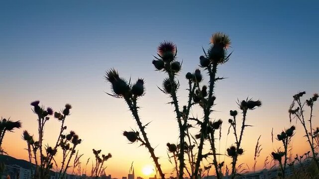 Silhouette of thistle flowers against sunset sky scenery