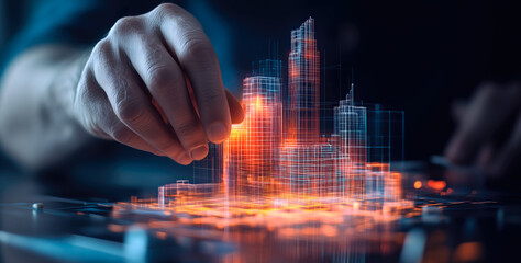 An architect brings architectural designs to life with 3D holographic construction models. Generative AI.