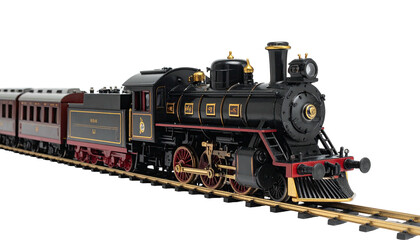 Sleek black locomotive pulls passenger cars along a railway