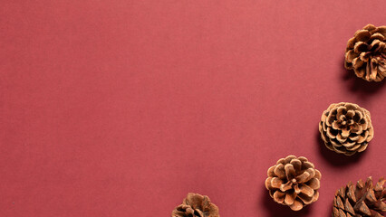 christmas background with pine cones,christmas pine cones on a red paper with copy space,Christmas...