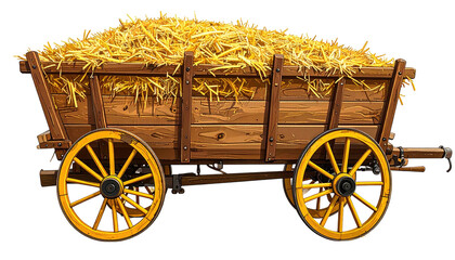 Hay-filled wooden farm wagon, rustic wheels, on a black background