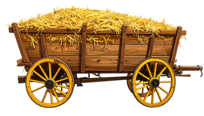 Hay-filled wooden farm wagon, rustic wheels, on a black background