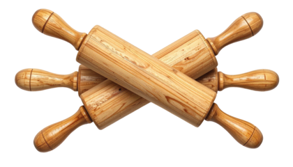 Crossed wooden rolling pins isolated against a black background