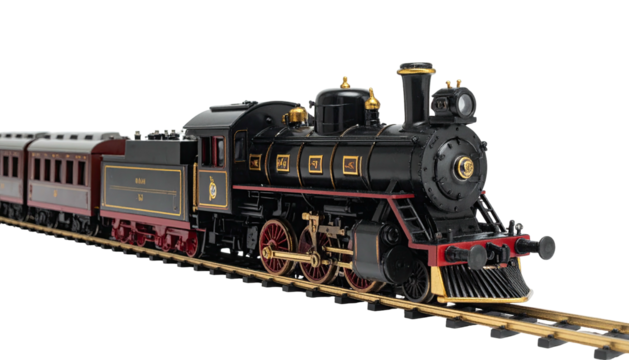 Sleek black locomotive pulls passenger cars along a railway