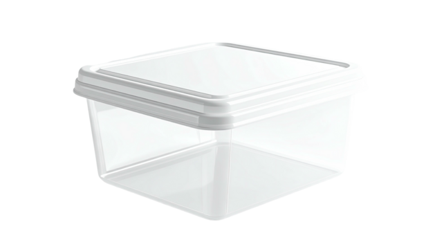 Transparent square plastic container with a secure fitting lid