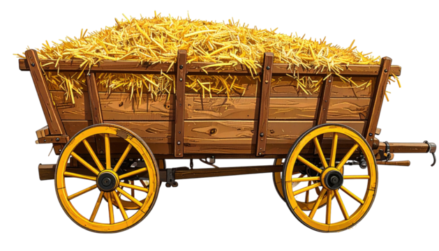 Hay-filled wooden farm wagon, rustic wheels, on a black background