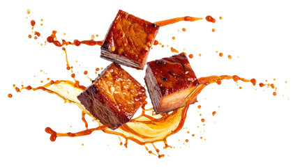 Glazed cubes amidst sauce splash, isolated on dark backdrop