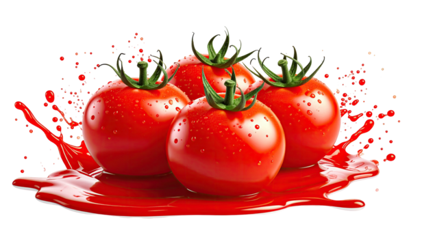 Four ripe tomatoes splash in red sauce. Simple, vibrant shot