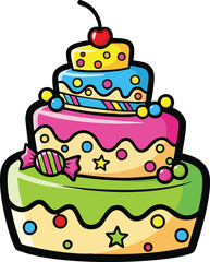 Colorful Three Tier Celebration Cake With Cherry On Top And Candies