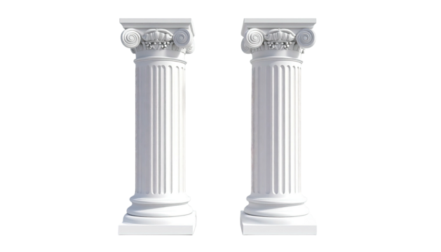 Two white ionic columns stand against a stark black backdrop (1)