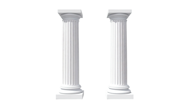 Two white classical columns standing against a black background