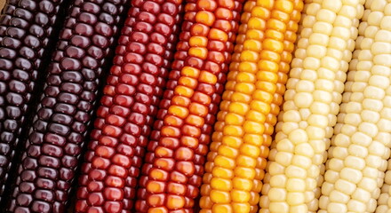 Vibrant multi-colored corn cobs in purple, red, orange, and white. A close-up view highlighting natural agricultural diversity and healthy food.