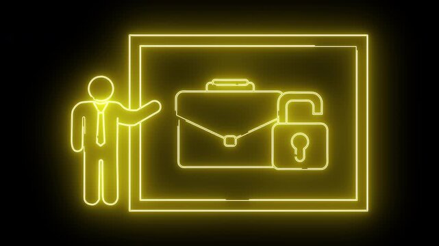Neon graphic man presents briefcase with unlocked padlock on a dark background