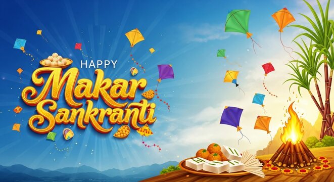 Happy Makar Sankranti Kite Festival Sweets Bonfire Celebration Indian Harvest Season Tradition Wishes