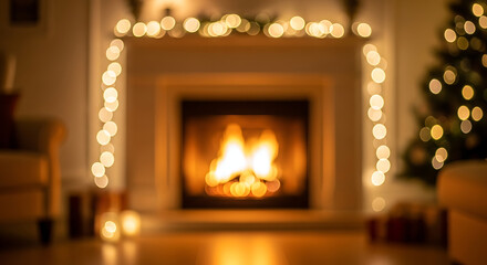 Warm and inviting Christmas scene with a lit fireplace, festive decorations, and soft lighting.