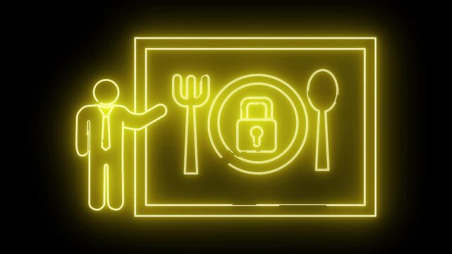 Neon sign man pointing to food security  fork plate lock spoon and rectangle