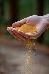 Golden Glitter Flowing from Hand, Abstract Concept of Wealth, Luxury, and Preciousness in Nature