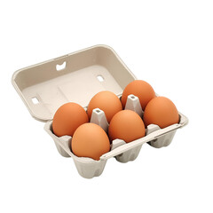 Six fresh brown chicken eggs resting in an open cardboard egg carton isolated on a white background.