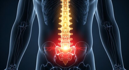 Human anatomy illustration showing spine and lower back pain with glowing effect on dark background