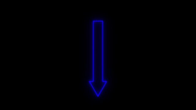 Blue Neon Arrow Pointing Downward Against Black Background direction pointer
