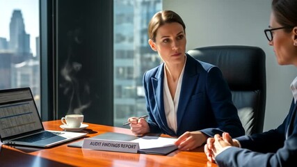 Two businesswomen reviewing documents at a desk in an office setting. A laptop displays financial data - Powered by Adobe