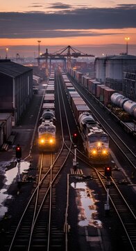 Two trains with bright headlights sit on parallel tracks at a busy cargo port during sunset
