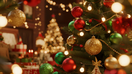 An abstract, blurred background of warm, glowing Christmas lights and sparkling decorations