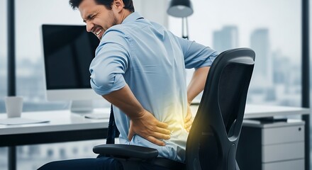 Businessman experiencing back pain while working at his desk in a modern office setting