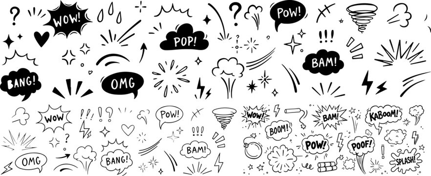 Comic boom cartoon effect line element set. Comic speech bubble pow, boom text, explosive splash smoke, wow cartoon vector icon. Hand drawn sketch doodle explosive element. Vector illustration
