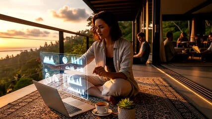 A woman is working remotely on laptop. She?s analyzing data while sitting on a rug outdoors.  A coffee cup and a plant are on the carpet. People are in the background - Powered by Adobe