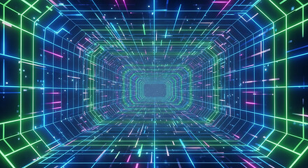 Obraz premium Neon tunnel with glowing geometric shapes and retro futuristic vibes