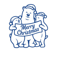 Minimal blue line vector illustration of arctic animals holding 'Merry Christmas' banner in cozy festive mood