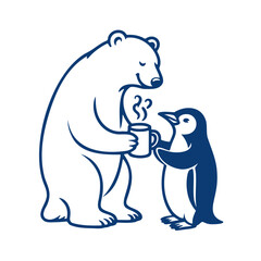 Minimal blue line illustration of a polar bear and penguin sharing hot cocoa in a cozy winter scene.