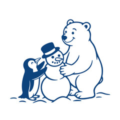 Minimal blue line art of penguin sliding on ice while polar bear watches, playful arctic winter scene.