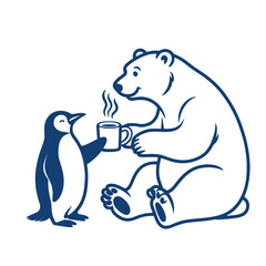 Minimal blue line art of a penguin offering a hot drink to a polar bear, depicting arctic friendship in winter.