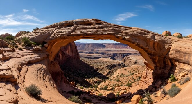 Natural sandstone arch framing a deep desert canyon under a clear blue sky - Powered by Adobe
