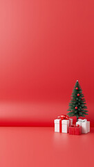 3d render christmas background tree and gift boxes on one side red and white large empty copyspace for text