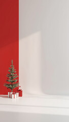 3d render christmas background tree and gift boxes on one side red and white large empty copyspace for text