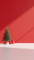 3d render christmas background tree and gift boxes on one side red and white large empty copyspace for text