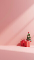 3d render christmas background tree and gift boxes on one side red and white large empty copyspace for text