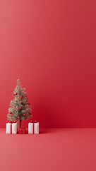 3d render christmas background tree and gift boxes on one side red and white large empty copyspace for text