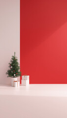 3d render christmas background tree and gift boxes on one side red and white large empty copyspace for text