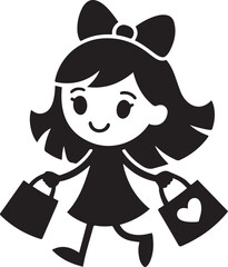shopping little girl with shopping bag vector silhouette illustration black color