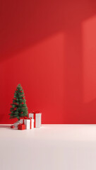 3d render christmas background tree and gift boxes on one side red and white large empty copyspace for text