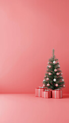 3d render christmas background tree and gift boxes on one side red and white large empty copyspace for text