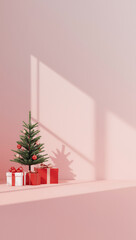 3d render christmas background tree and gift boxes on one side red and white large empty copyspace for text