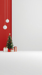 3d render christmas background tree and gift boxes on one side red and white large empty copyspace for text